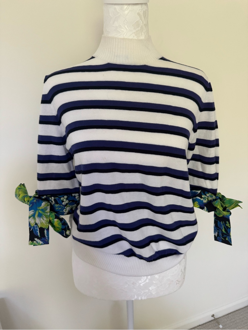 MSGM Striped Navy & White Tie-Sleeve Sweater Top
